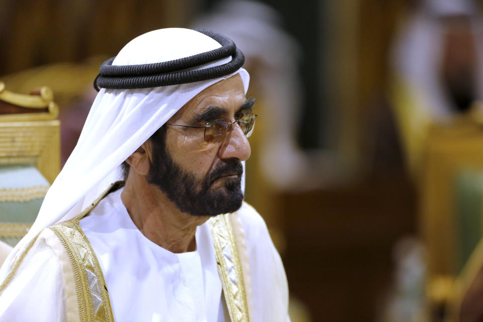 FILE - In this file photo dated Tuesday, Dec. 10, 2019, Prime Minister of the United Arab Emirates Sheikh Sheikh Mohammed bin Rashid Al Maktoum attends the 40th Gulf Cooperation Council Summit in Riyadh, Saudi Arabia. Sheikha Latifa, daughter of Dubai’s ruler Sheikh Mohammed bin Rashid Al Maktoum, was detained by commandos as she tried to flee the country in 2018, and new videos have emerged with Latifa saying she is being imprisoned in a heavily guarded villa. (AP Photo/Amr Nabil, FILE)