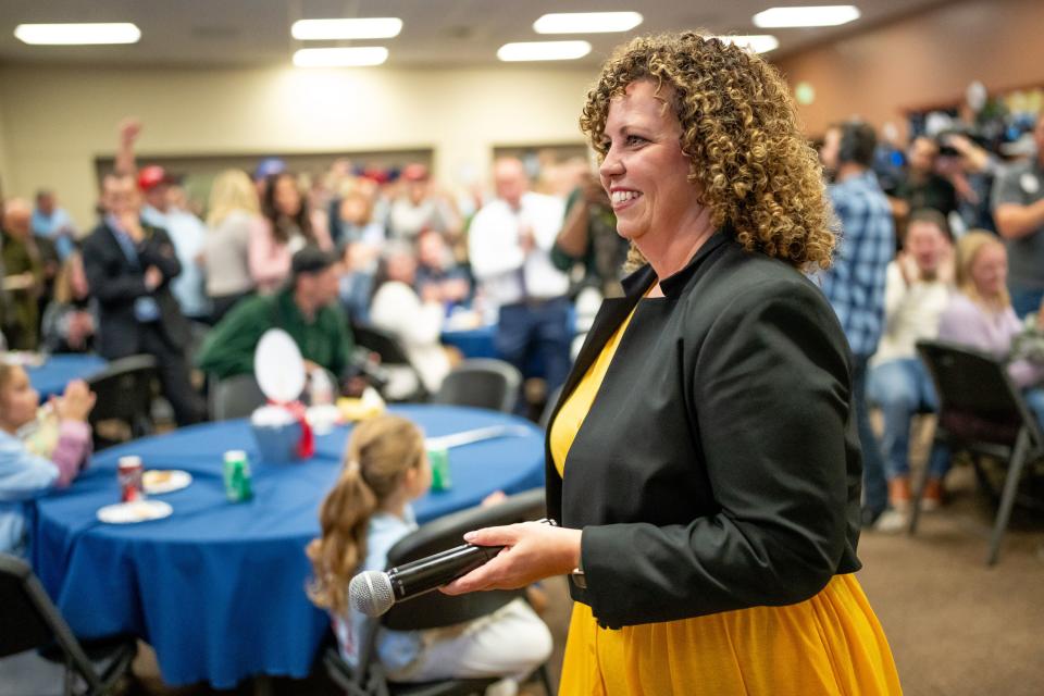 Celeste Maloy celebrates after the election was called in her favor at the Utah Trucking Association in West Valley City on Tuesday, Nov. 21, 2023. Maloy was running against Democratic state Sen. Kathleen Riebe, D-Cottonwood Heights, in the special election to fill Rep. Chris Stewart’s seat in the 2nd Congressional District. | Spenser Heaps, Deseret News