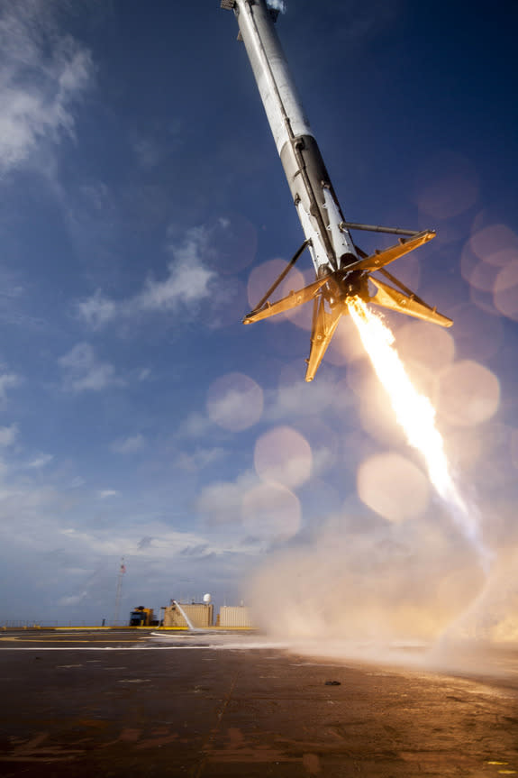 The first stage of SpaceX's Falcon 9 rocket attempts to land on the deck of a "drone ship" after sending the company's Dragon cargo capsule toward the International Space Station on April 14, 2015.