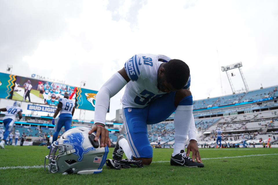 Detroit Lions cornerback Jeff Okudah (30) during a NFL football game against the Jacksonville Jaguars on Sunday, Oct. 18, 2020 in Jacksonville, FL. The Lions defeated the Jaguars 34-16 (Detroit Lions via AP).