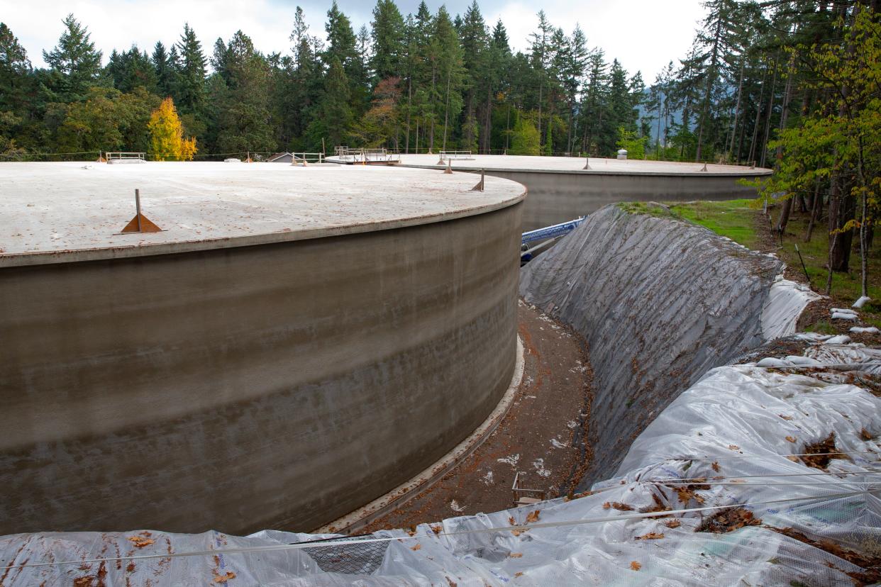 Eugene Water and Electric Board water storage tanks in south Eugene are nearing completion as pipes to the site are being installed this month.