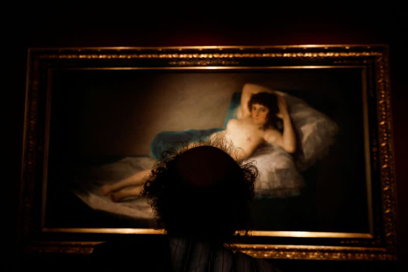 Replicas of iconic paintings with mastectomized breasts on International Breast Cancer Awareness Day, in Madrid