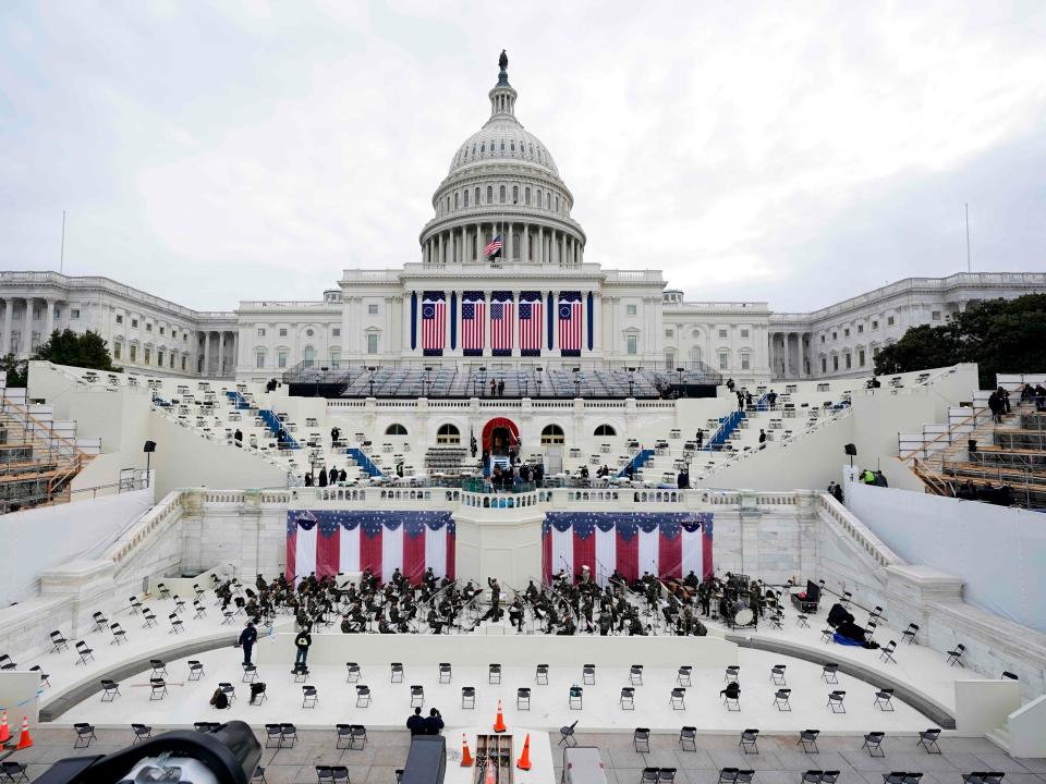 <p>Preparations are made prior to a dress rehearsal for the 59th inaugural ceremony for President-elect Joe Biden and Vice President-elect Kamala Harris</p> (POOL/AFP via Getty Images)