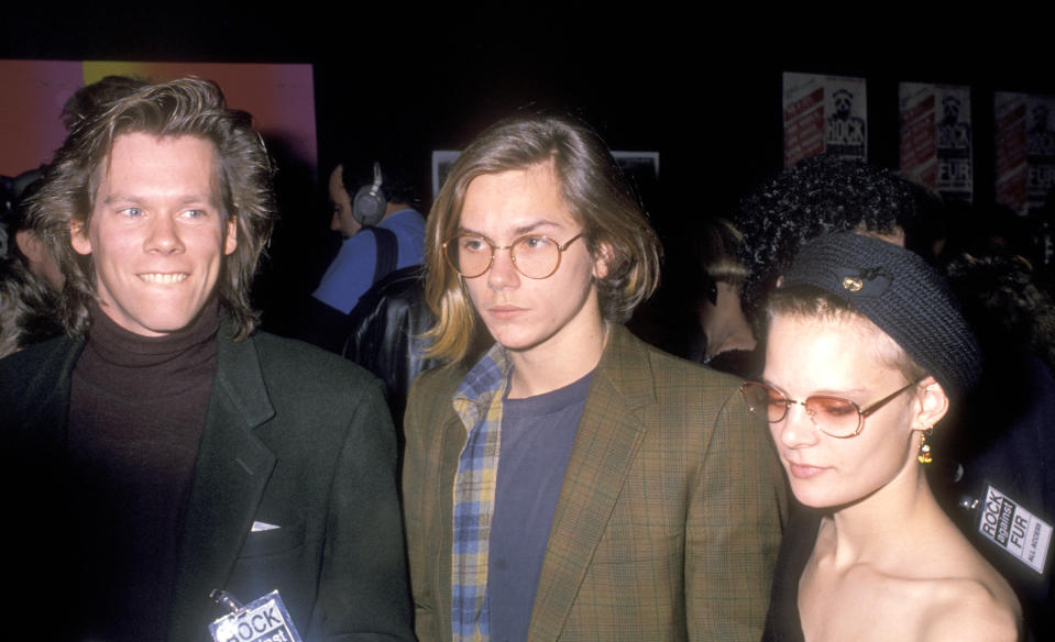 NEW YORK CITY - FEBRUARY 19: Actor Kevin Bacon, actor River Phoenix and actress Martha Plimpton attend PETA's "Rock Against Fur" Concert on February 19, 1989 at The Palladium in New York City. (Photo by Ron Galella, Ltd./Ron Galella Collection via Getty Images) 