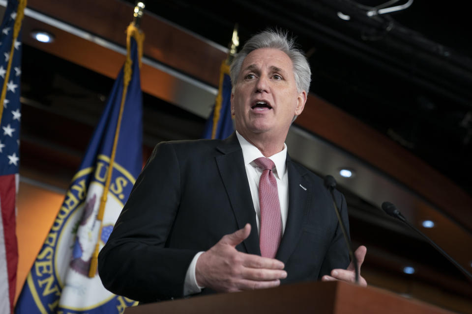 House Minority Leader Kevin McCarthy, R-Calif., speaks with reporters during a news conference at the Capitol in Washington, March 8, 2019. (Photo: J. Scott Applewhite/AP)