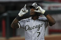 Chicago White Sox's Tim Anderson reacts after hitting a solo home run in the eighth inning during a baseball game against the Cincinnati Reds in Cincinnati, Saturday, Sept. 19, 2020. (AP Photo/Aaron Doster)