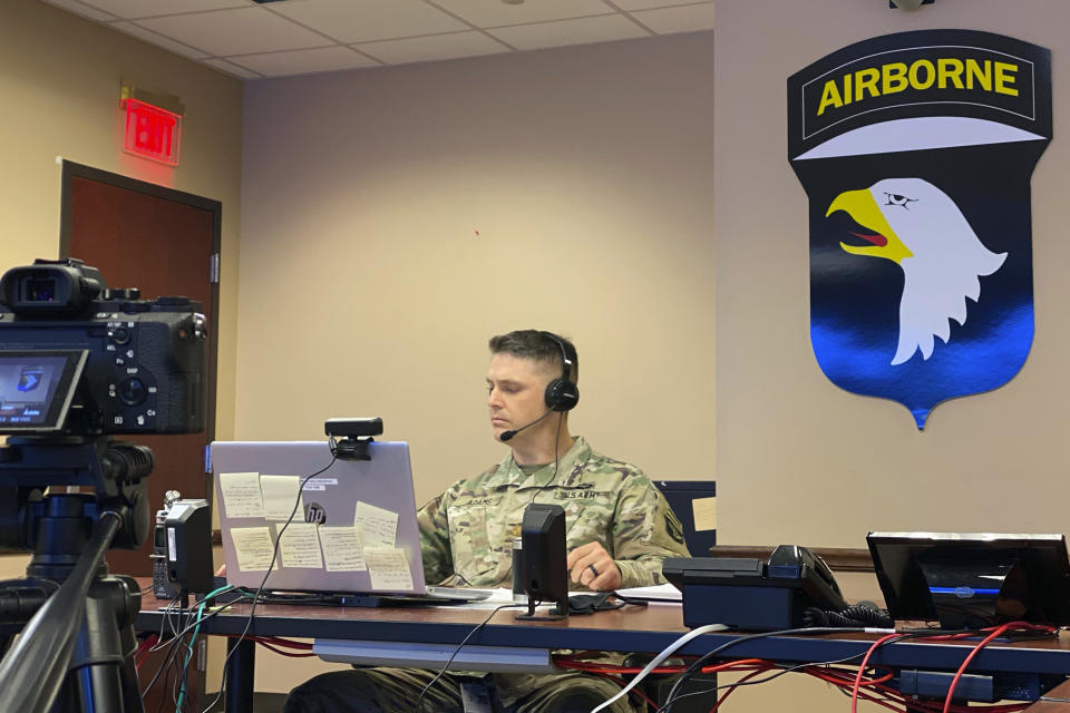 U.S. Army Maj. Evan Adams pitches his idea of a new mobile app to manage training areas on bases in real time on Tuesday, Oct. 27, 2020, at Fort Campbell, Ky. Adams, who is assigned to the 101st Airborne Division, won round one of the competition. The Shark Tank like competition is aimed at sourcing new ideas from untapped areas of the Army. (U.S. Army via AP)