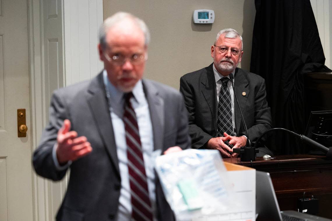 Prosecutor Creighton Waters asks witness Jeff Croft, a SLED senior special agent, questions about weapons and ammunition collected from Alex Murdaugh’s home during Murdaugh’s trial for murder at the Colleton County Courthouse on Monday, Jan. 30, 2023. Joshua Boucher/The State/Pool
