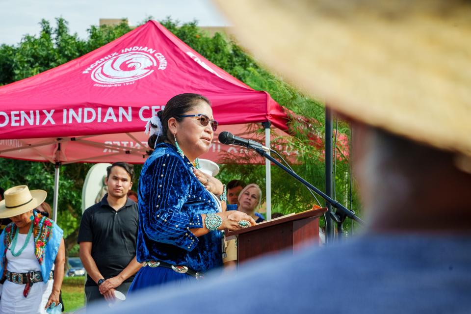 Arizona Senator Theresa Hatathlie speaks at the Navajo Code Talkers Day Celebration in Wesley Bolin Plaza in Phoenix on Aug. 14, 2022.