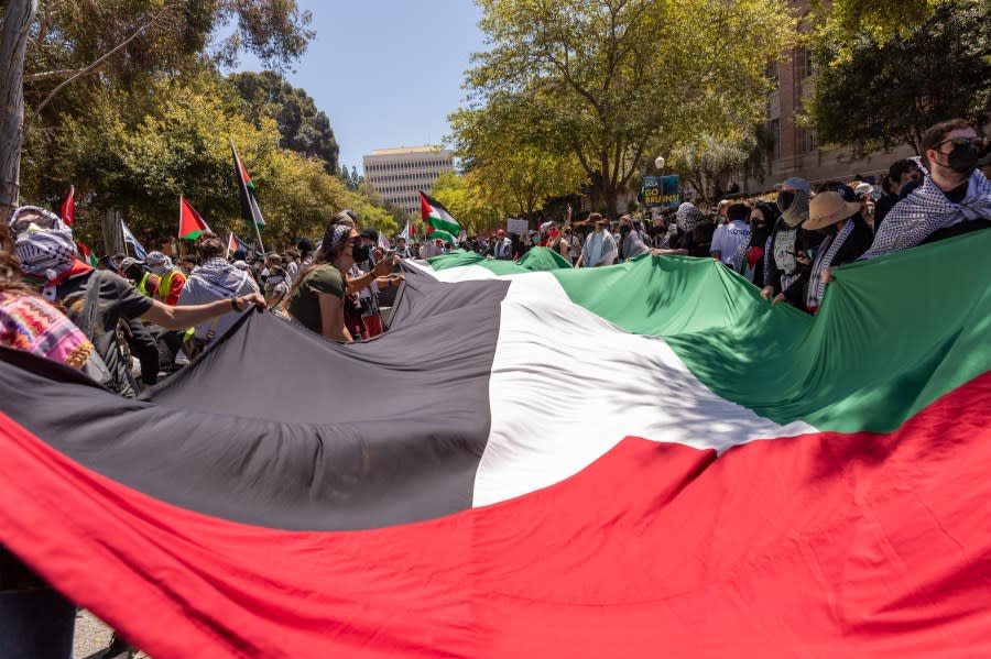 LOS ANGELES, CALIFORNIA – APRIL 28: Tension rises between Pro-Palestinian and pro-Israeli protestors on the campus of the University of California Los Angeles (UCLA) on April 28, 2024 in Los Angeles, California. (Photo by Grace Hie Yoon/Anadolu via Getty Images)