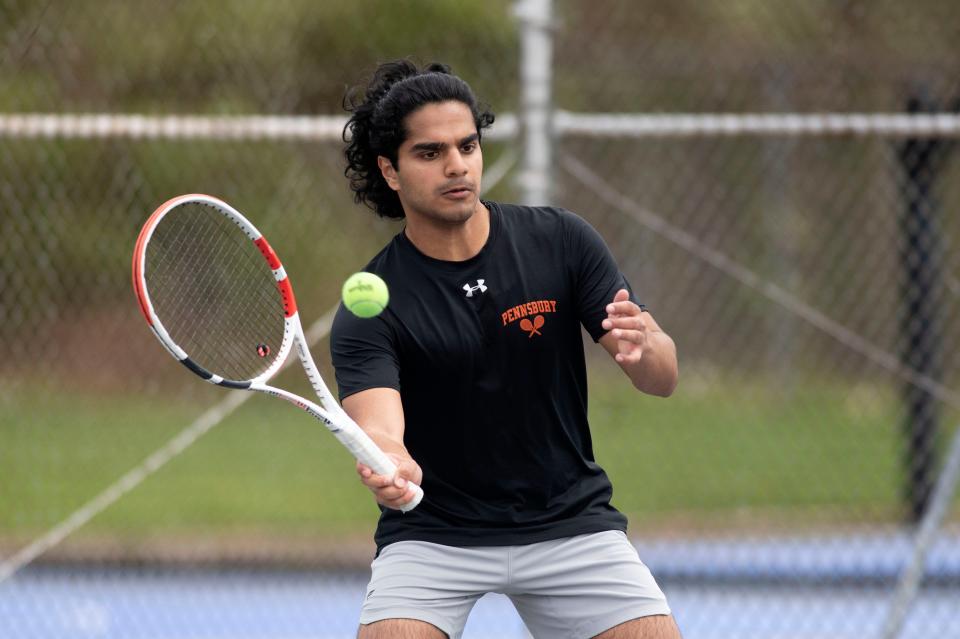 Pennsbury's Aditya Gaba attends a match in SOL Patriot Division Boys Singles Tournament at Council Rock North on Thursday, April 21, 2022. Gaba placed fourth in the tournament. Nur B. Adam / Bucks County Courier Times