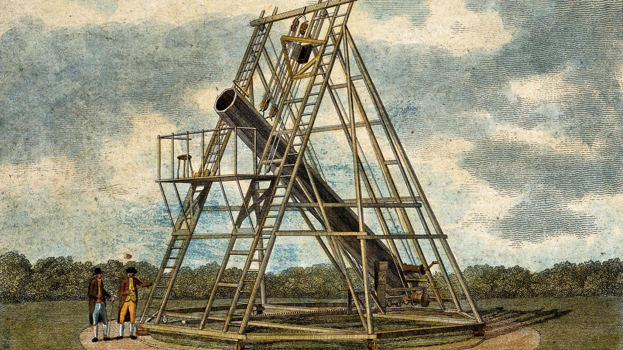 Astronomy: a 40-foot telescope constructed by William Herschel, in use outdoors. Coloured etching, 18--. Wellcome Collection. Public Domain Mark.