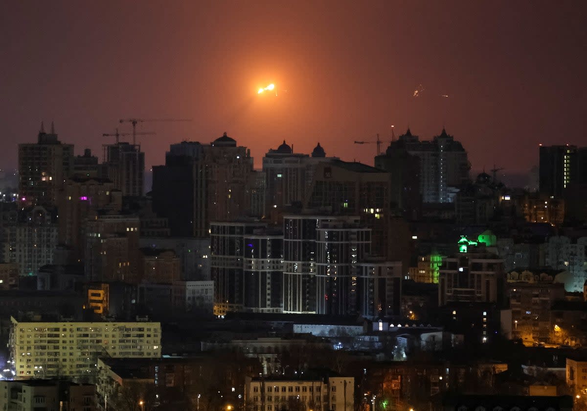 An explosion of a missile is seen in the sky over the city during a Russian missile strike, amid Russia's attack on Ukraine (REUTERS)