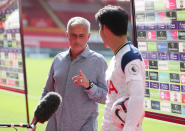 SOUTHAMPTON, ENGLAND - SEPTEMBER 20: Heung-Min Son of Tottenham Hotspur and Jose Mourinho, Manager of Tottenham Hotspur talk to the media after the Premier League match between Southampton and Tottenham Hotspur at St Mary's Stadium on September 20, 2020 in Southampton, England. (Photo by Tottenham Hotspur FC/Tottenham Hotspur FC via Getty Images)