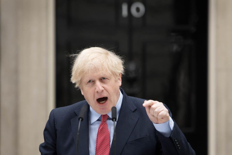 Prime Minister Boris Johnson makes a statement outside 10 Downing Street, London, as he resumes working after spending two weeks recovering from Covid-19. PA Photo. Picture date: Monday April 27, 2020. The Prime Minister is resuming full-time duties at the head of the Government three weeks after he was admitted to hospital with the disease. See PA story HEALTH Coronavirus. Photo credit should read: Stefan Rousseau/PA Wire (Photo by Stefan Rousseau/PA Images via Getty Images)