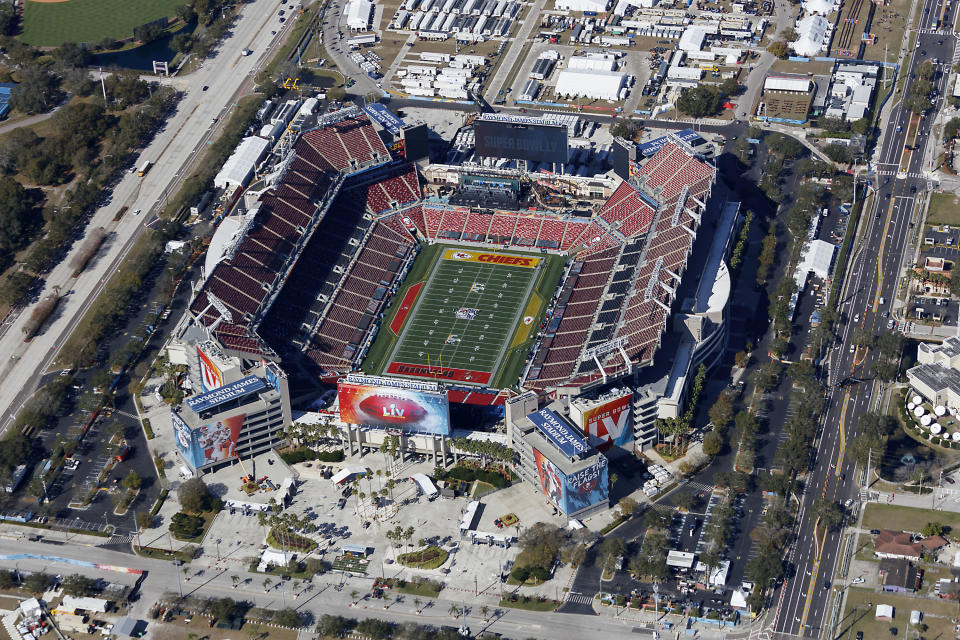 Aerial view of Raymond James Stadium Tampa Florida home of NFL Super Bowl LV photograph taken Feb. 2 2021