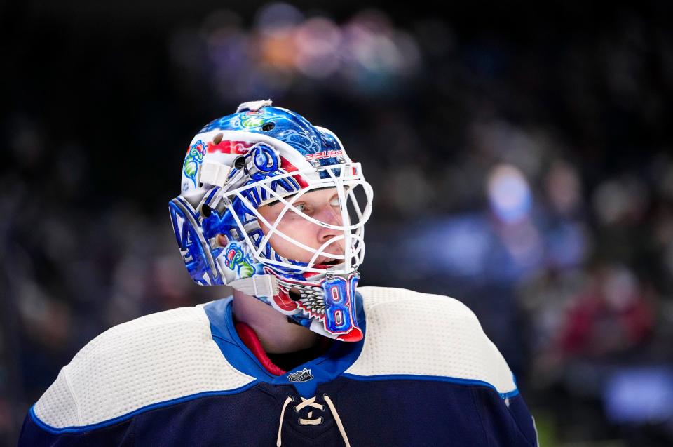 Columbus Blue Jackets goaltender Elvis Merzlikins (90) skates out of the net during the NHL hockey game against the Ottawa Senators at Nationwide Arena in Columbus on Sunday, Jan. 23, 2022. 