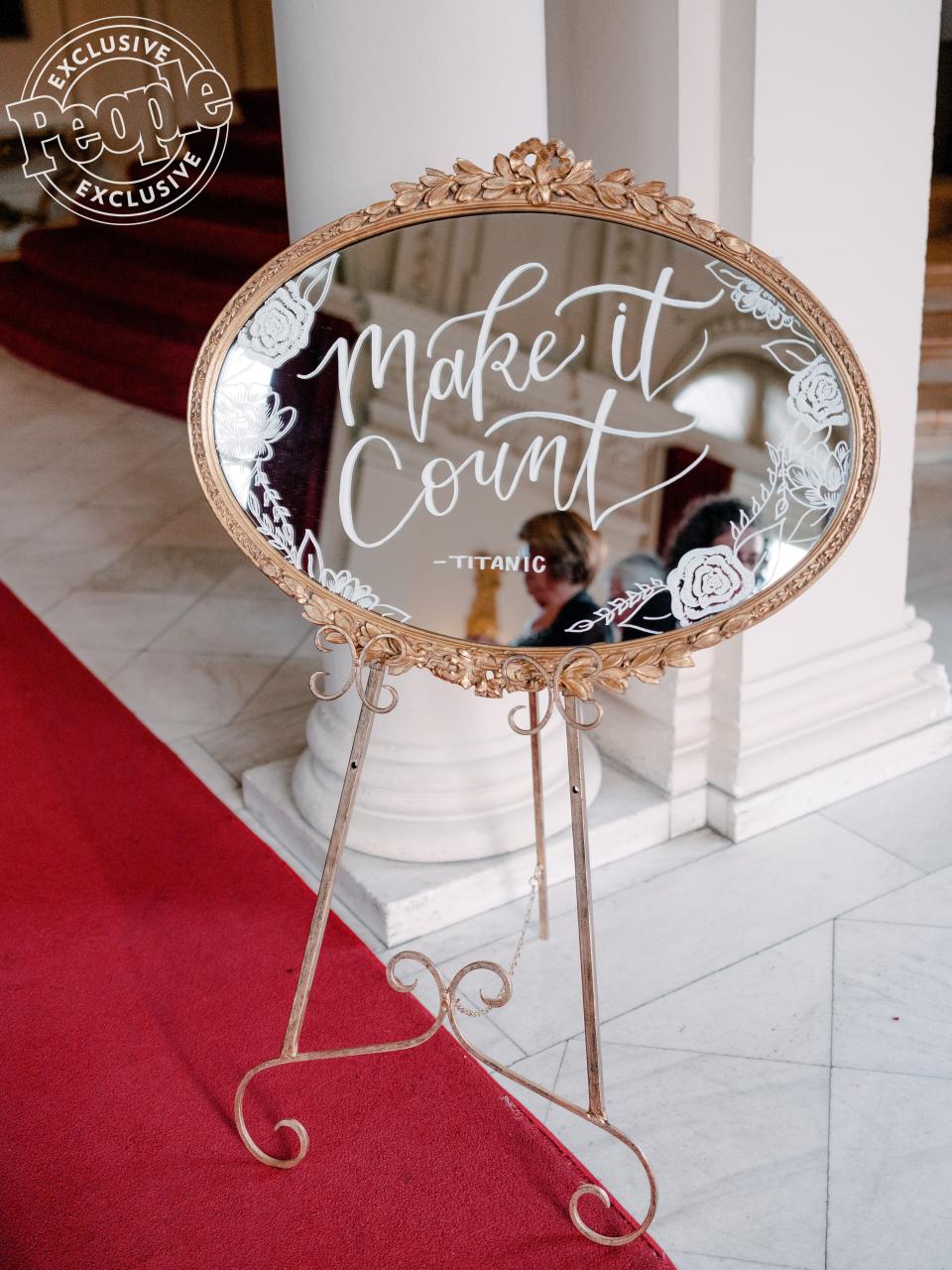 Guests were welcomed into the wedding with custom signs featuring calligraphy by <a href="https://www.detailsandswirls.com/" rel="nofollow noopener" target="_blank" data-ylk="slk:Details and Swirls;elm:context_link;itc:0;sec:content-canvas" class="link ">Details and Swirls</a>.