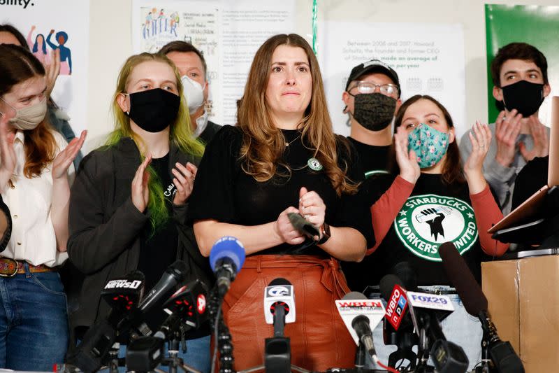 FILE PHOTO: Starbucks workers speak to the media after union vote in Buffalo, New York