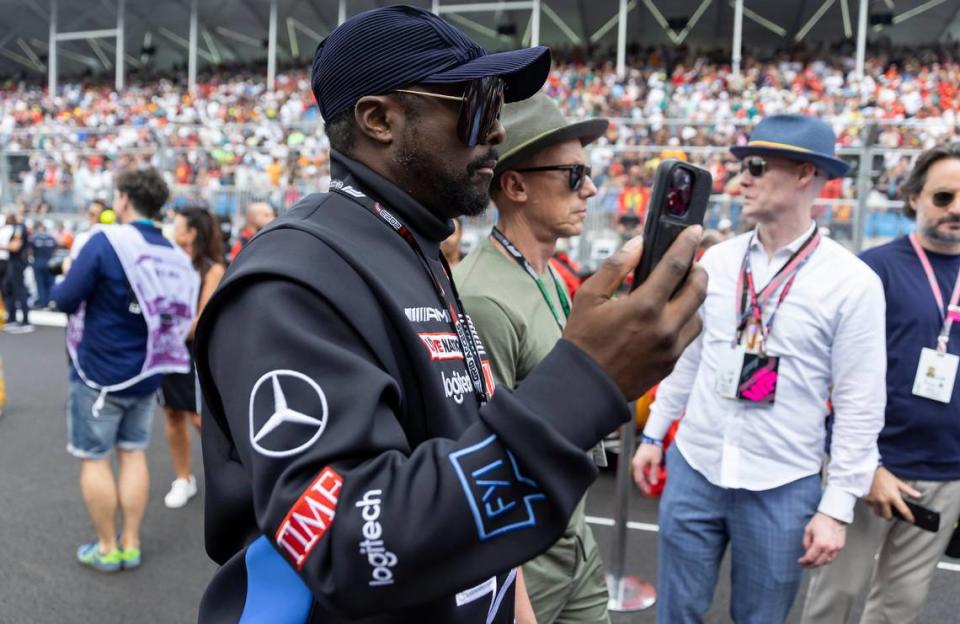 American rapper will.i.am is seen at the grid before the start of the Formula One Miami Grand Prix at the Miami International Autodrome on Sunday, May 7, 2023, in Miami Gardens, Fla.