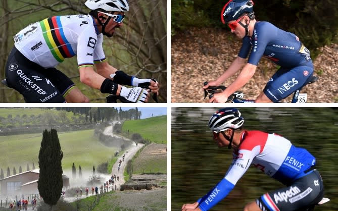 Julian Alaphilippe (left to right, clockwise), Tom Pidcock and Mathieu van der Poel — Strade Bianche 2021: When is it, which teams are racing, what TV channel is showing it and who are the favourites? - GETTY IMAGES