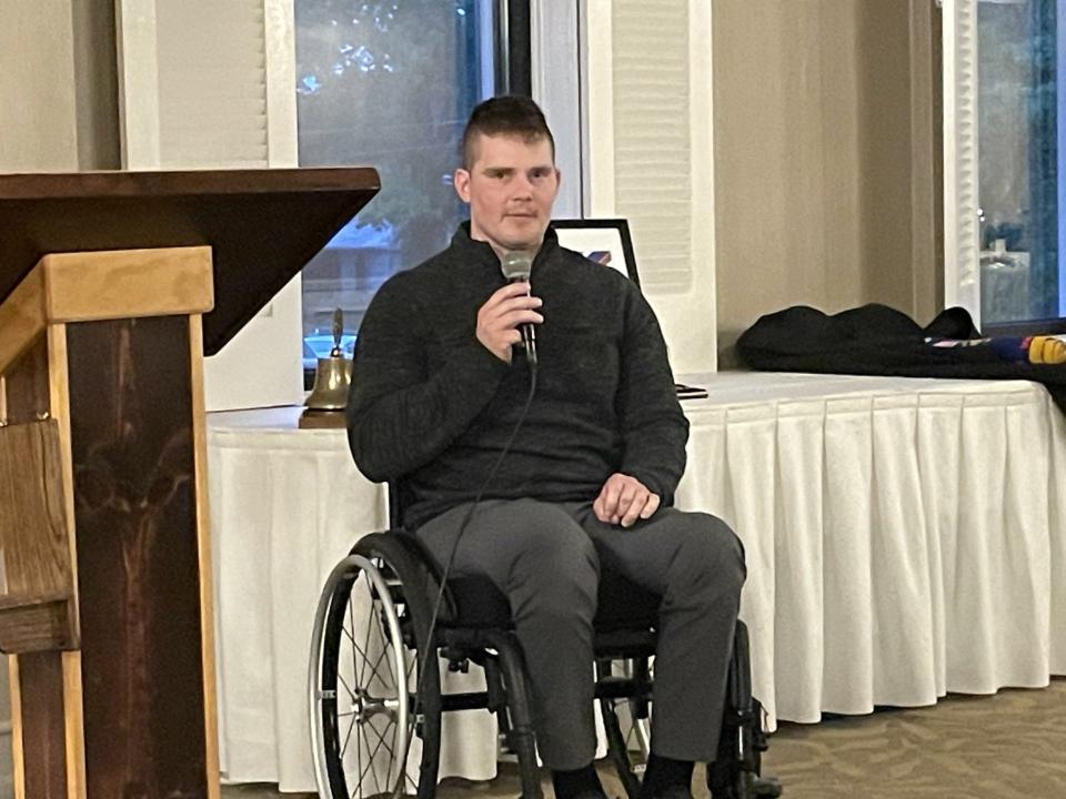 Devin Kachar spoke to attendees at the Blue & Gold ceremony.