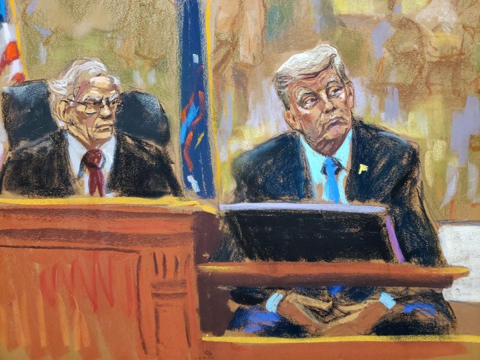 Donald Trump is questioned next to Judge Arthur Engoron during the Trump Organization civil fraud trial in New York State Supreme Court in Manhattan on 6 November 2023. (REUTERS)