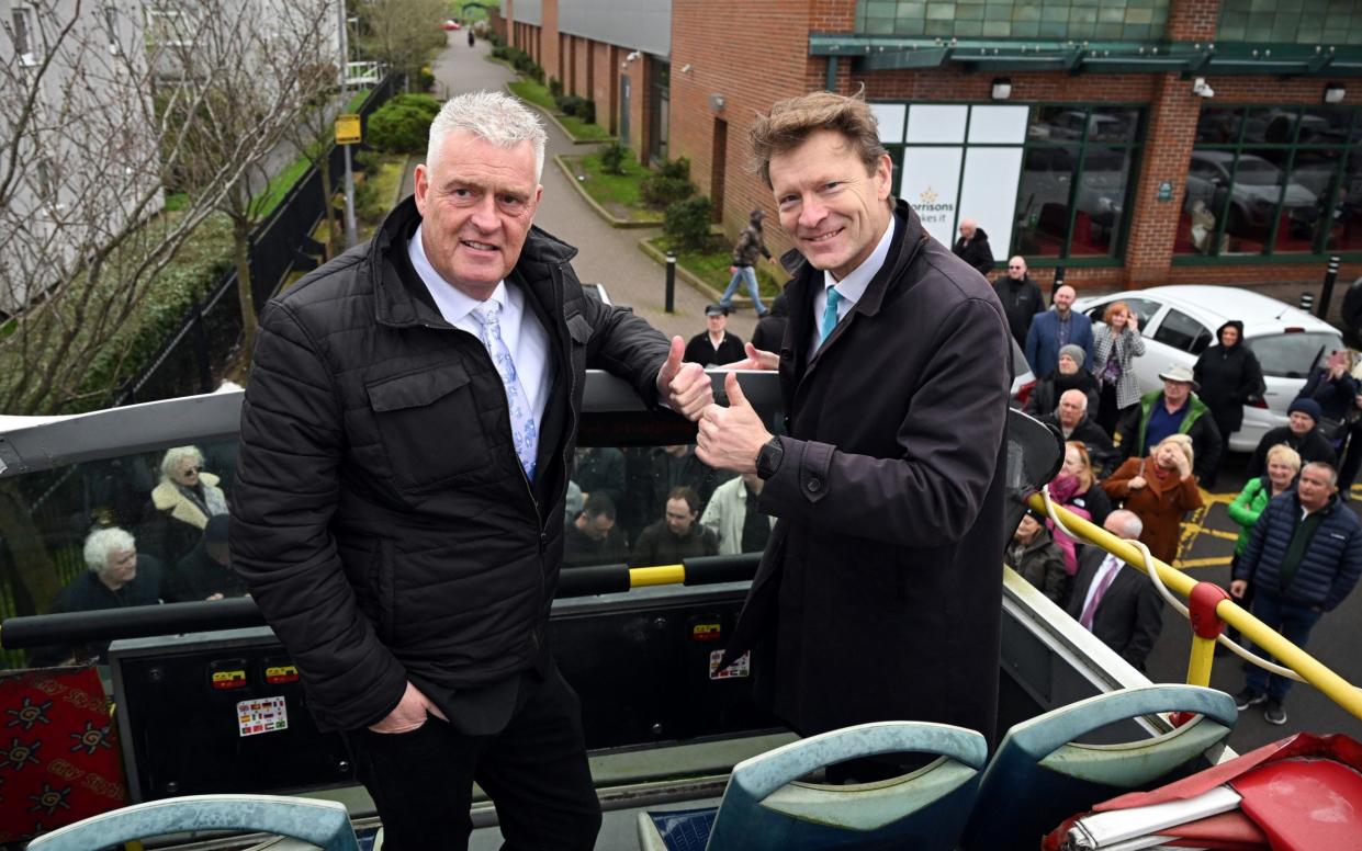 Lee Anderson and Richard Tice campaign from an open top bus during a visit to Mr Anderson's Ashfield constituency today