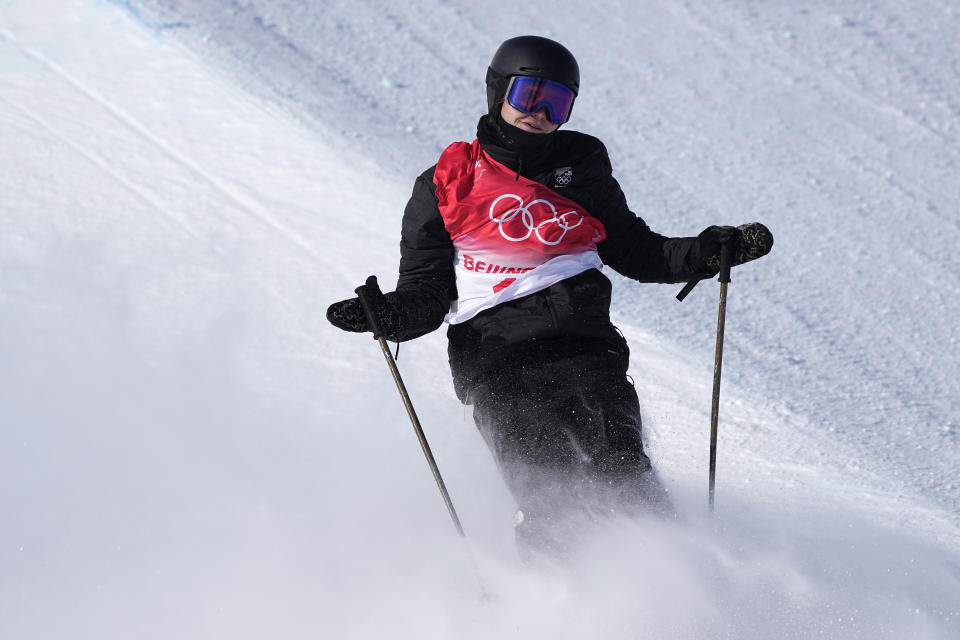 New Zealand's Miguel Porteous reacts during the men's halfpipe finals at the 2022 Winter Olympics, Saturday, Feb. 19, 2022, in Zhangjiakou, China. (AP Photo/Gregory Bull)