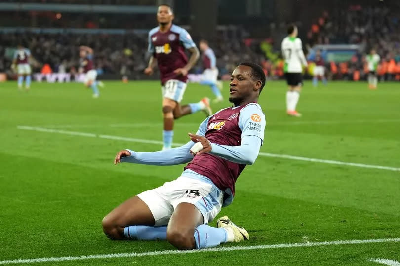 Jhon Duran celebrates scoring Aston Villa's third goal of the game against Liverpool at Villa Park.