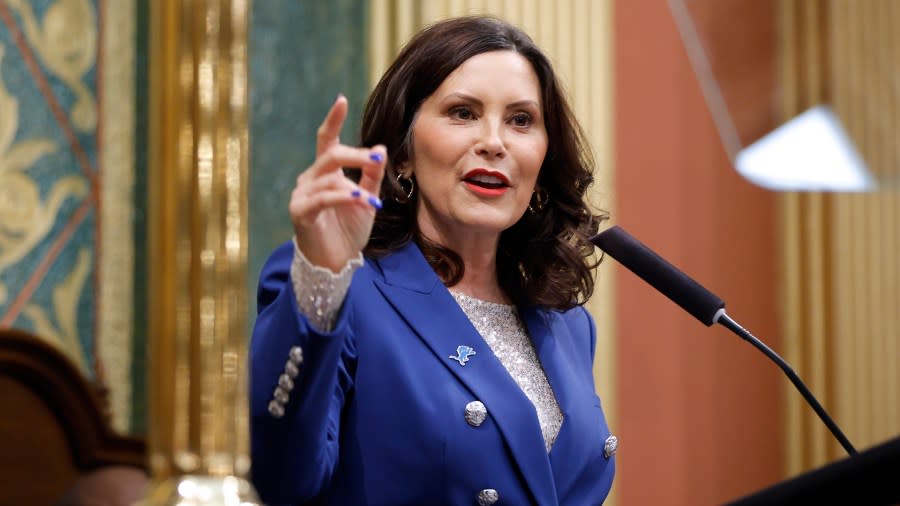 Michigan Gov. Gretchen Whitmer delivers her State of the State address to a joint session of the House and Senate, Wednesday, Jan. 24, 2024, at the state Capitol in Lansing, Mich. (AP Photo/Al Goldis)