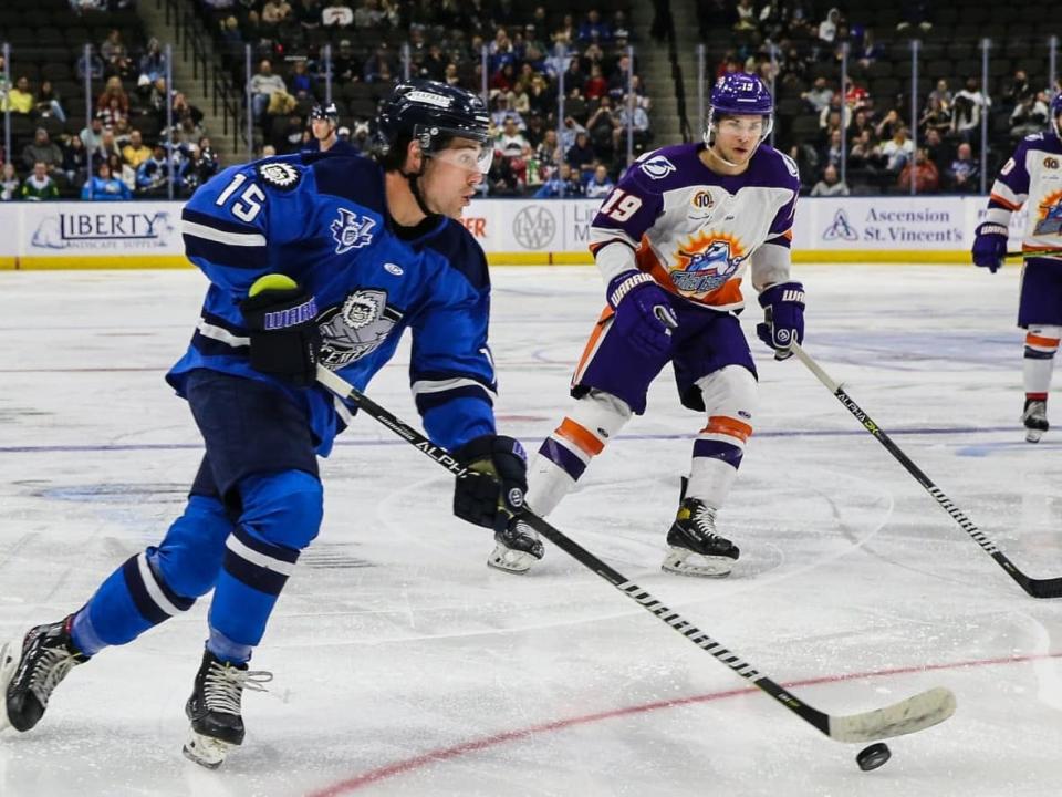 Former teammates of Jacob Panetta, who is seen above playing for the Jacksonville Icemen, released a statement Friday in support of the 26-year-old defenceman following his suspension by the ECHL and release from the team. (Gary Lloyd McCullough/Jacksonville Icemen - image credit)