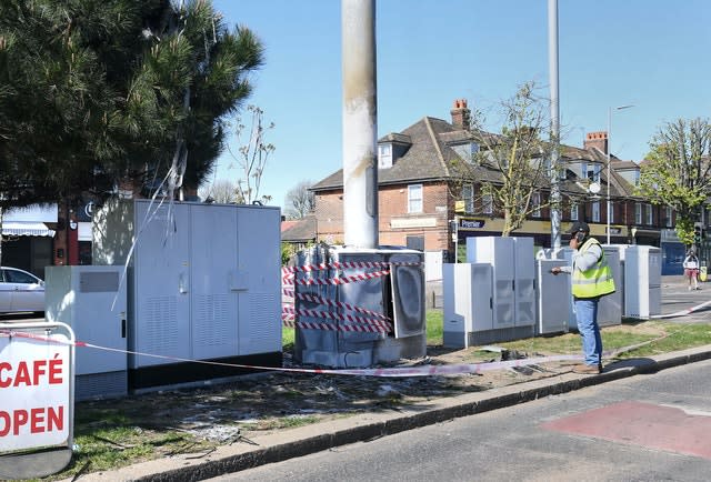 A telecoms mast on Becontree Avenue in Dagenham after a fire 