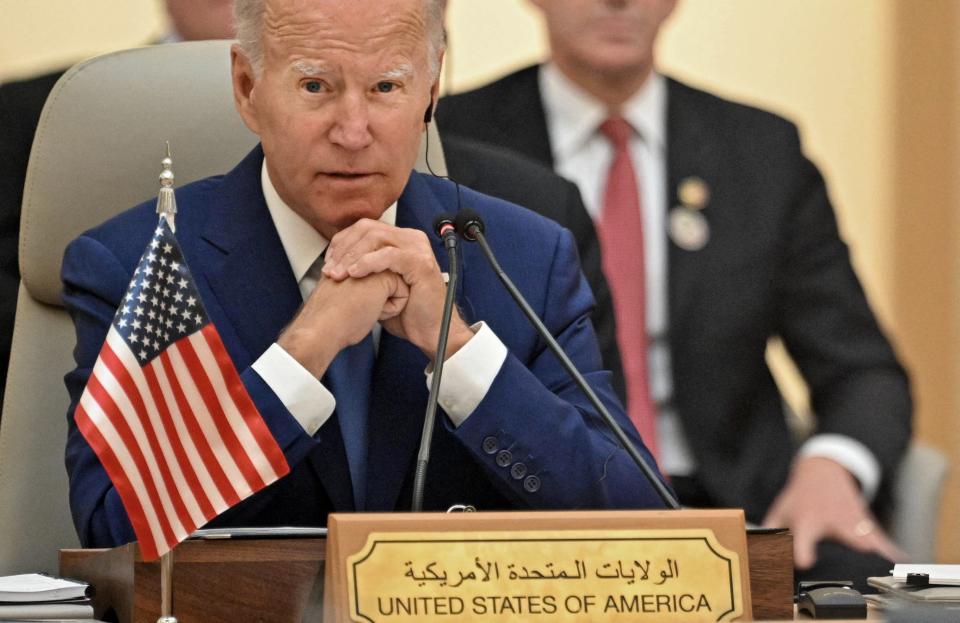 President Joe Biden attends the "GCC+3" (Gulf Cooperation Council) meeting at a hotel in Saudi Arabia's Red Sea coastal city of Jeddah on July 16, 2022.