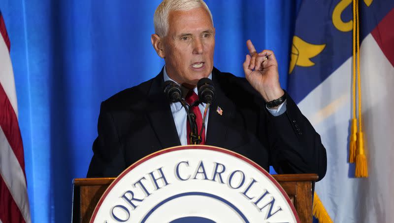 Republican presidential candidate and former Vice President Mike Pence speaks during the North Carolina Republican Party Convention in Greensboro, N.C., Saturday, June 10, 2023.