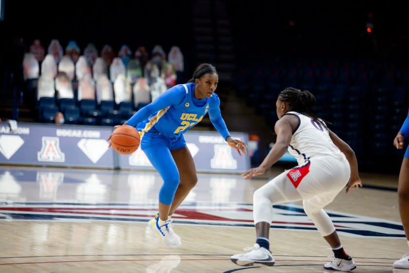 UCLA's Michaela Onyenwere controls the ball during a game against Arizona during the 2020-21 season.
