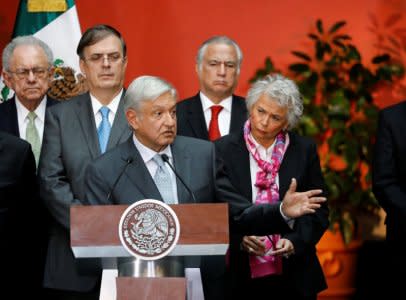 Mexico's incoming president Andres Manuel Lopez Obrador addresses the audience during a joint press conference with President Enrique Pena Nieto after having a meeting at National Palace in Mexico City, Mexico August 20, 2018. REUTERS/Carlos Jasso