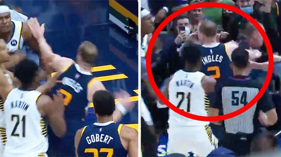 Joe Ingles (pictured) runs into a scuffle to break it up for the Utah Jazz.