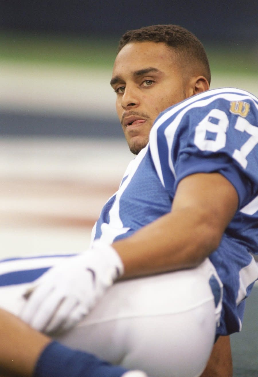 Wide receiver Sean Dawkins of the Indianapolis Colts lays on the field before a game against the Buffalo Bills at the RCA Dome in Indianapolis, Indiana. (Credit: Todd Warshaw /Allsport)