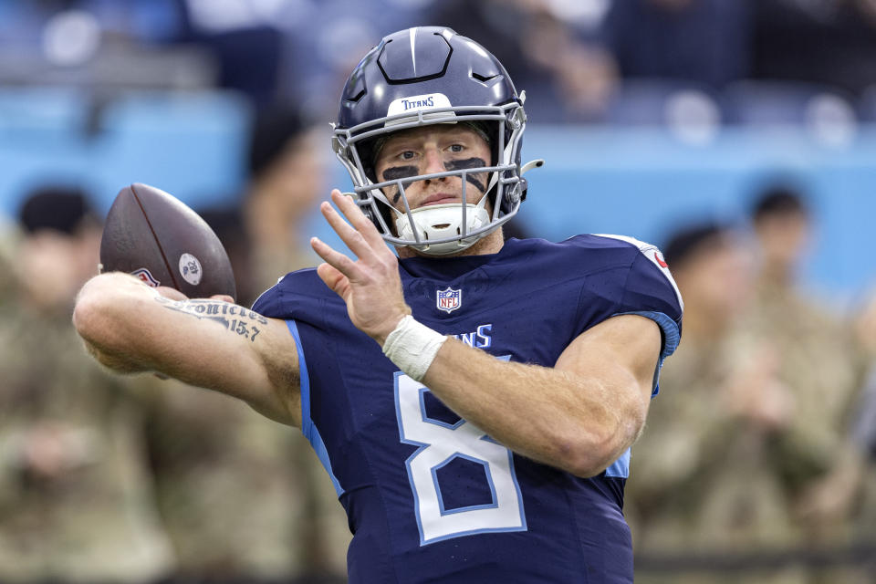 FILE - Tennessee Titans quarterback Will Levis (8) throws to a receiver during warmups before an NFL football game against the Carolina Panthers Sunday, Nov. 26, 2023, in Nashville, Tenn. Levis couldn't be happier at seeing all the new teammates Tennessee has added this offseason both through free agency and the draft. (AP Photo/Wade Payne, File)