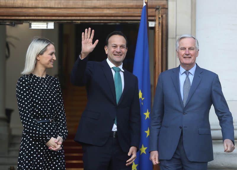 Helen McEntee, Minister of State for European Affairs and Taoiseach (Prime Minister) Leo Varadkar welcome Michel Barnier at Government Buildings in Dublin