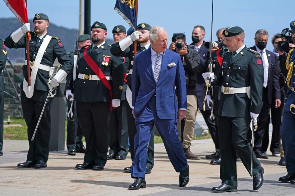 The Prince of Wales inspects the guard of honour ahead of an official welcome ceremony at the Confederation Building in St John’s, Newfoundland and Labrador (Jacob King/PA) (PA Wire)