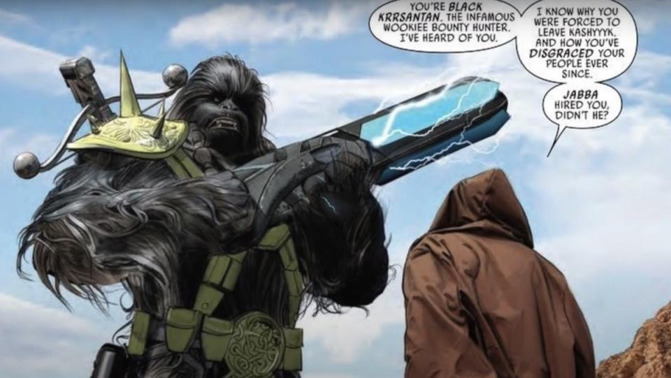 Obi-Wan Kenobi speaks to the wookiee bounty hunter Black Krrsantan in a Star Wars comic