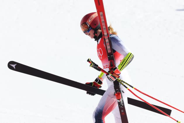 Mikaela Shiffrin exits after the mixed team parallel. The two-time gold medalist from previous Olympics will walk away from Beijing without a medal. (Photo: Sean M. Haffey via Getty Images)