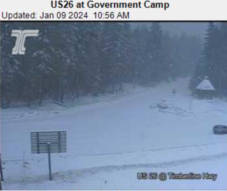 Road conditions near the Timberline Lodge entrance Tuesday morning. (ODOT)