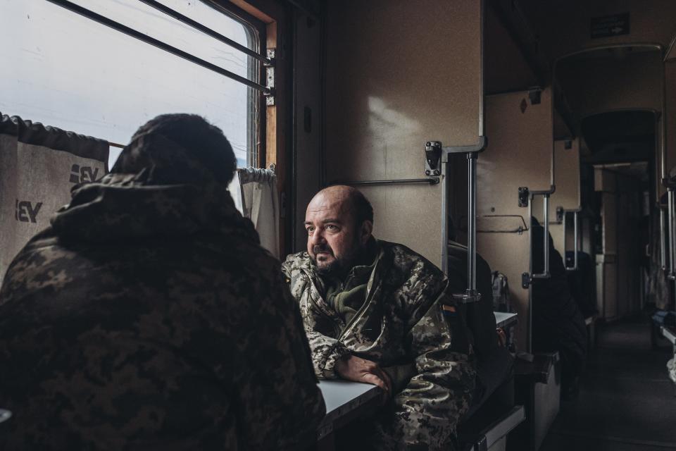 Ukrainian soldiers are seen in an evacuation train in the direction of Lviv, at the railway station, in Pokrovsk, Ukraine on November 28, 2022.