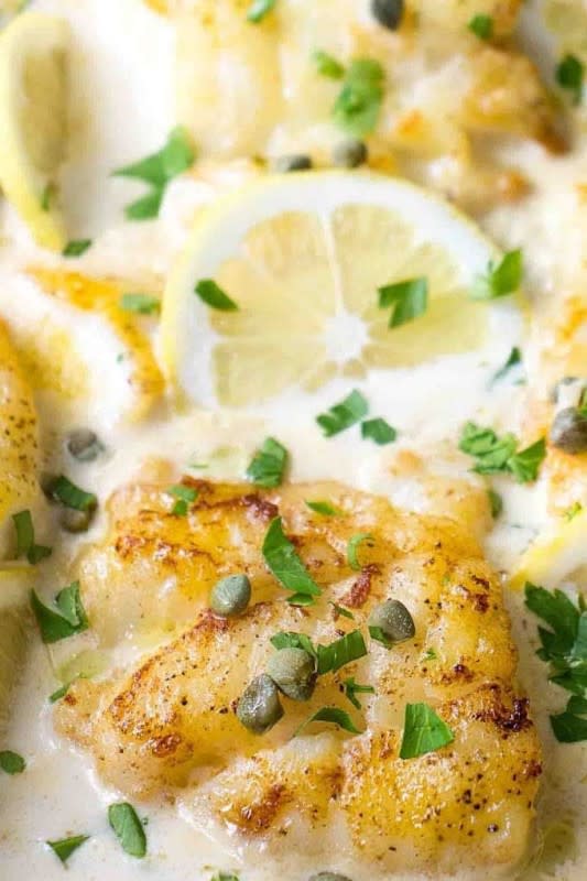 Lavender and Macarons<p>This easy cod piccata in a creamy picatta sauce makes a quick 30-minute dinner recipe your family will love. Creamy, a bit briny and so so good!</p><p><strong>Get the recipe: <a href="https://www.lavenderandmacarons.com/cod-piccata-cod-fillet-recipe/" rel="sponsored" target="_blank" data-ylk="slk:Cod Piccata;elm:context_link;itc:0;sec:content-canvas" class="link "><em>Cod Piccata</em></a></strong></p><p><strong>Related: <a href="https://www.yahoo.com/lifestyle/heres-much-fish-buy-per-165048282.html" data-ylk="slk:How Much Fish Should I Buy For Dinner?;elm:context_link;itc:0;sec:content-canvas;outcm:mb_qualified_link;_E:mb_qualified_link;ct:story;" class="link  yahoo-link">How Much Fish Should I Buy For Dinner?</a></strong></p>