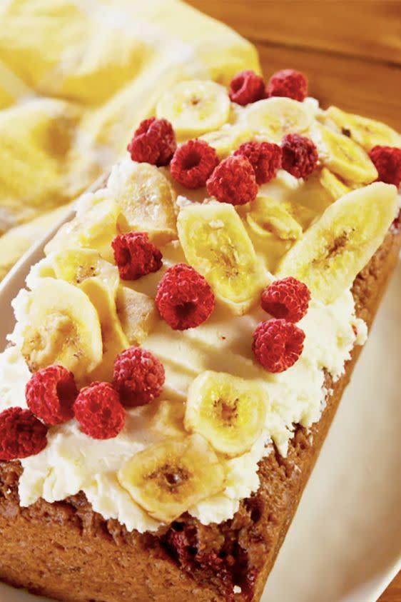 <p>This vegan banana bread is hands down one of our favourite things to make. Mixed with <a href="https://www.delish.com/uk/cooking/recipes/a29085895/raspberry-white-chocolate-cake/" rel="nofollow noopener" target="_blank" data-ylk="slk:raspberries;elm:context_link;itc:0;sec:content-canvas" class="link ">raspberries</a> and topped with a vegan spread frosting, it's seriously tasty.</p><p>Get the <a href="https://www.delish.com/uk/cooking/recipes/a30268579/vegan-banana-bread/" rel="nofollow noopener" target="_blank" data-ylk="slk:Vegan Banana Bread;elm:context_link;itc:0;sec:content-canvas" class="link ">Vegan Banana Bread</a> recipe.</p>