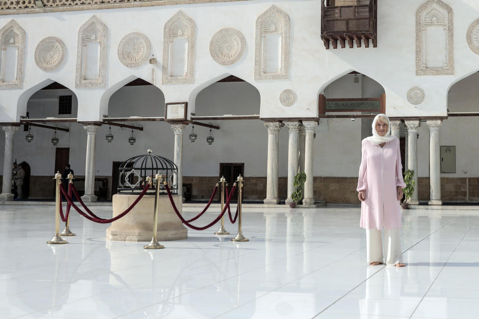 Camilla, Duchess of Cornwall, center, visits the Al-Azhar Mosque, the oldest Sunni institution in the Muslim world, in Cairo, Egypt, Thursday, Nov. 18, 2021. The visit is part of the royal couple’s first tour since the start of the coronavirus pandemic. (AP Photo/Mohamed El-Shahed)