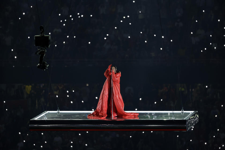 Rihanna performs during halftime of the NFL Super Bowl 57 football game between the Kansas City Chiefs and the Philadelphia Eagles Sunday, Feb. 12, 2023, in Glendale, Ariz. (AP Photo/Adam Hunger)